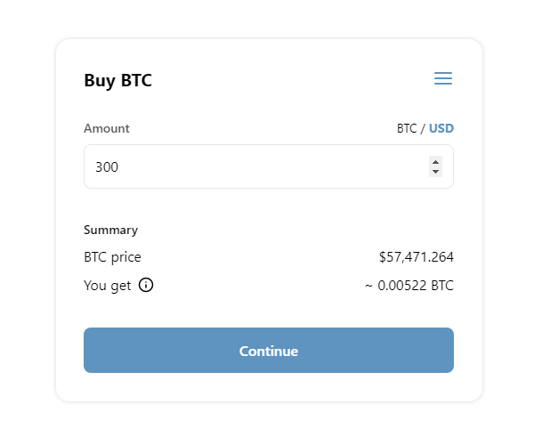 Buy Bitcoin interface in BitBoxApp