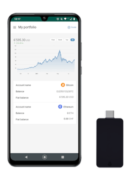 Mobile phone showing the BitBoxApp portfolio next to a BitBox device